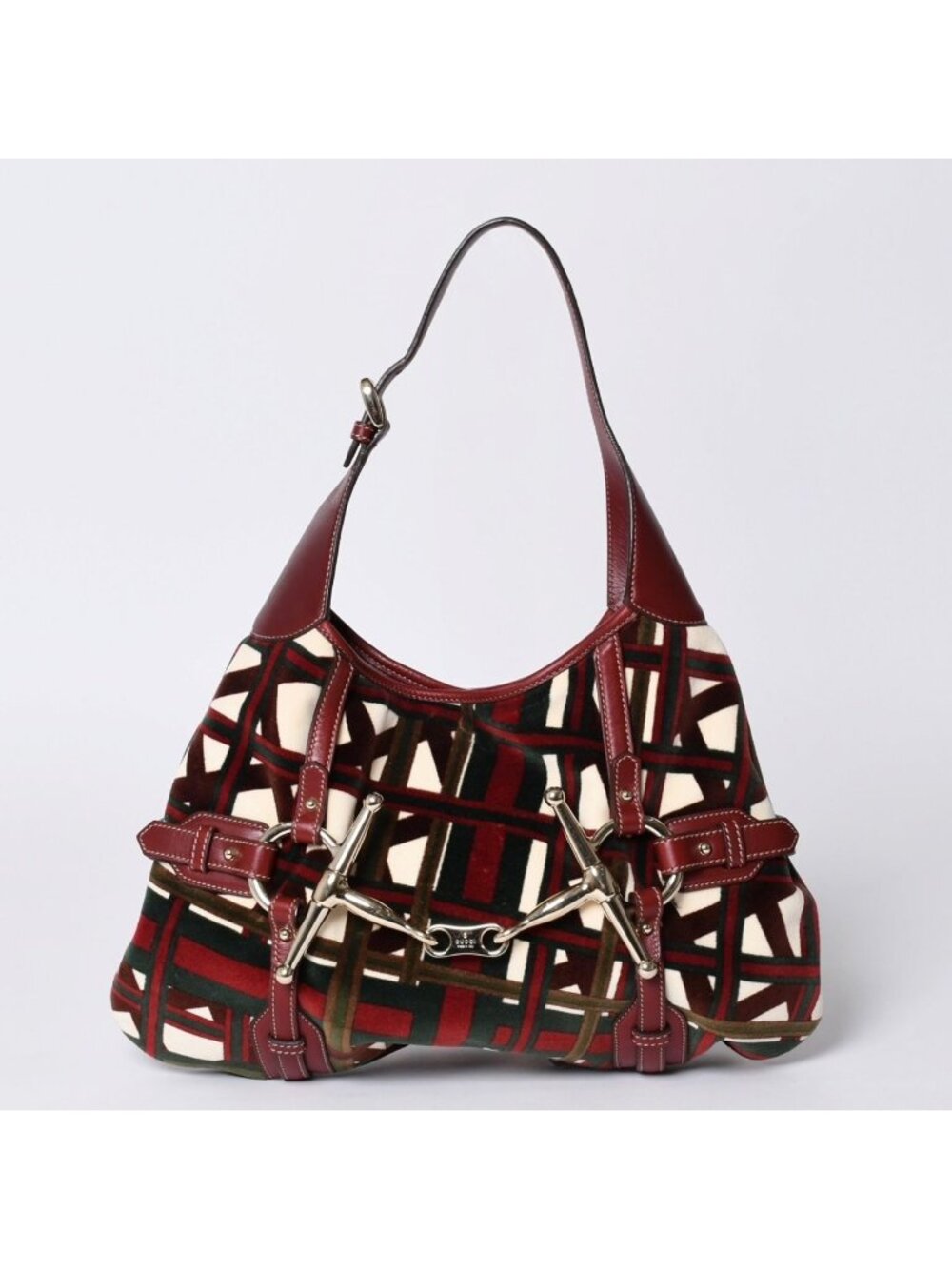 Gucci Horsebit Hobo Red Multicolor Velour Leather Silver
